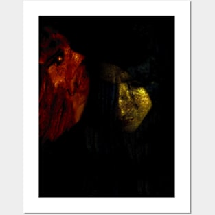 Portrait, collage, special processing. Man, dark costume, long hair, looking down. On left demon of gold. Gold and orange. Posters and Art